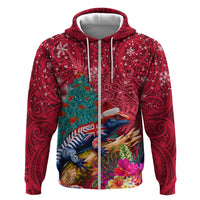 New Zealand Tuatara Christmas Zip Hoodie Silver Fern and Xmas Pohutukawa Tree Red Color LT03 Zip Hoodie Red - Polynesian Pride