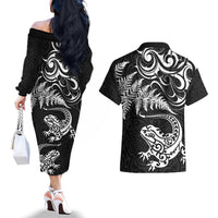 New Zealand Tuatara Tribal Tattoo Couples Matching Off The Shoulder Long Sleeve Dress and Hawaiian Shirt Silver Fern and Maori Pattern Black Color LT03 - Polynesian Pride