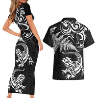 New Zealand Tuatara Tribal Tattoo Couples Matching Short Sleeve Bodycon Dress and Hawaiian Shirt Silver Fern and Maori Pattern Black Color LT03 - Polynesian Pride