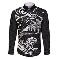 New Zealand Tuatara Tribal Tattoo Family Matching Off The Shoulder Long Sleeve Dress and Hawaiian Shirt Silver Fern and Maori Pattern Black Color LT03 Dad's Shirt - Long Sleeve Black - Polynesian Pride