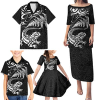 New Zealand Tuatara Tribal Tattoo Family Matching Puletasi and Hawaiian Shirt Silver Fern and Maori Pattern Black Color LT03 - Polynesian Pride