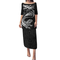 New Zealand Tuatara Tribal Tattoo Family Matching Puletasi and Hawaiian Shirt Silver Fern and Maori Pattern Black Color LT03 Mom's Dress Black - Polynesian Pride
