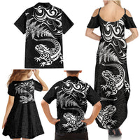 New Zealand Tuatara Tribal Tattoo Family Matching Summer Maxi Dress and Hawaiian Shirt Silver Fern and Maori Pattern Black Color LT03 - Polynesian Pride