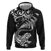 New Zealand Tuatara Tribal Tattoo Hoodie Silver Fern and Maori Pattern Black Color LT03 Pullover Hoodie Black - Polynesian Pride