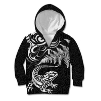 New Zealand Tuatara Tribal Tattoo Kid Hoodie Silver Fern and Maori Pattern Black Color LT03 Zip Hoodie Black - Polynesian Pride