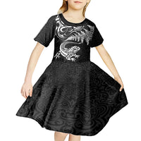 New Zealand Tuatara Tribal Tattoo Kid Short Sleeve Dress Silver Fern and Maori Pattern Black Color LT03 - Polynesian Pride