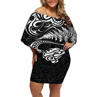 New Zealand Tuatara Tribal Tattoo Off Shoulder Short Dress Silver Fern and Maori Pattern Black Color LT03 Women Black - Polynesian Pride