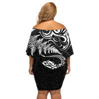 New Zealand Tuatara Tribal Tattoo Off Shoulder Short Dress Silver Fern and Maori Pattern Black Color LT03 - Polynesian Pride
