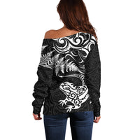 New Zealand Tuatara Tribal Tattoo Off Shoulder Sweater Silver Fern and Maori Pattern Black Color LT03 - Polynesian Pride