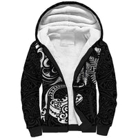 New Zealand Tuatara Tribal Tattoo Sherpa Hoodie Silver Fern and Maori Pattern Black Color LT03 Unisex Black - Polynesian Pride