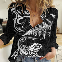 New Zealand Tuatara Tribal Tattoo Women Casual Shirt Silver Fern and Maori Pattern Black Color LT03 Female Black - Polynesian Pride