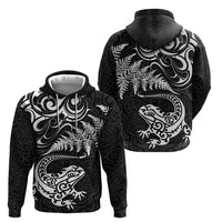 New Zealand Tuatara Tribal Tattoo Zip Hoodie Silver Fern and Maori Pattern Black Color LT03 - Polynesian Pride