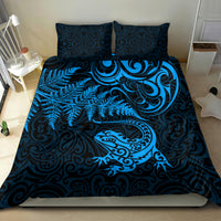 New Zealand Tuatara Tribal Tattoo Bedding Set Silver Fern and Maori Pattern Blue Color