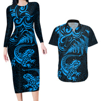 New Zealand Tuatara Tribal Tattoo Couples Matching Long Sleeve Bodycon Dress and Hawaiian Shirt Silver Fern and Maori Pattern Blue Color LT03 Blue - Polynesian Pride