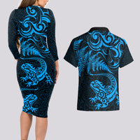 New Zealand Tuatara Tribal Tattoo Couples Matching Long Sleeve Bodycon Dress and Hawaiian Shirt Silver Fern and Maori Pattern Blue Color LT03 - Polynesian Pride