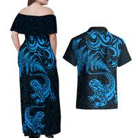New Zealand Tuatara Tribal Tattoo Couples Matching Off Shoulder Maxi Dress and Hawaiian Shirt Silver Fern and Maori Pattern Blue Color LT03 - Polynesian Pride