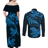 New Zealand Tuatara Tribal Tattoo Couples Matching Off Shoulder Maxi Dress and Long Sleeve Button Shirt Silver Fern and Maori Pattern Blue Color LT03 - Polynesian Pride