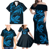 New Zealand Tuatara Tribal Tattoo Family Matching Off Shoulder Maxi Dress and Hawaiian Shirt Silver Fern and Maori Pattern Blue Color LT03 - Polynesian Pride