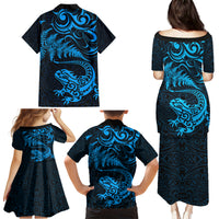 New Zealand Tuatara Tribal Tattoo Family Matching Puletasi and Hawaiian Shirt Silver Fern and Maori Pattern Blue Color LT03 - Polynesian Pride