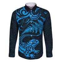 New Zealand Tuatara Tribal Tattoo Family Matching Puletasi and Hawaiian Shirt Silver Fern and Maori Pattern Blue Color LT03 Dad's Shirt - Long Sleeve Blue - Polynesian Pride
