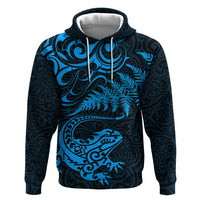 New Zealand Tuatara Tribal Tattoo Hoodie Silver Fern and Maori Pattern Blue Color LT03 Pullover Hoodie Blue - Polynesian Pride