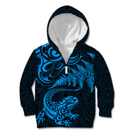 New Zealand Tuatara Tribal Tattoo Kid Hoodie Silver Fern and Maori Pattern Blue Color LT03 Zip Hoodie Blue - Polynesian Pride