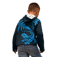 New Zealand Tuatara Tribal Tattoo Kid Hoodie Silver Fern and Maori Pattern Blue Color LT03 - Polynesian Pride