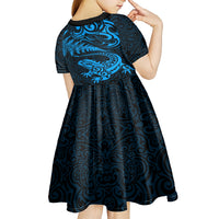 New Zealand Tuatara Tribal Tattoo Kid Short Sleeve Dress Silver Fern and Maori Pattern Blue Color LT03 - Polynesian Pride