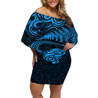 New Zealand Tuatara Tribal Tattoo Off Shoulder Short Dress Silver Fern and Maori Pattern Blue Color LT03 Women Blue - Polynesian Pride