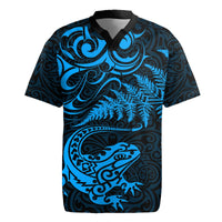New Zealand Tuatara Tribal Tattoo Rugby Jersey Silver Fern and Maori Pattern Blue Color LT03 Blue - Polynesian Pride