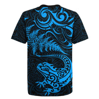 New Zealand Tuatara Tribal Tattoo Rugby Jersey Silver Fern and Maori Pattern Blue Color LT03 - Polynesian Pride