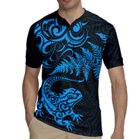 New Zealand Tuatara Tribal Tattoo Rugby Jersey Silver Fern and Maori Pattern Blue Color LT03 - Polynesian Pride