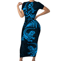 New Zealand Tuatara Tribal Tattoo Short Sleeve Bodycon Dress Silver Fern and Maori Pattern Blue Color LT03 Long Dress Blue - Polynesian Pride