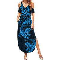 New Zealand Tuatara Tribal Tattoo Summer Maxi Dress Silver Fern and Maori Pattern Blue Color LT03 Women Blue - Polynesian Pride