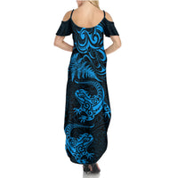 New Zealand Tuatara Tribal Tattoo Summer Maxi Dress Silver Fern and Maori Pattern Blue Color LT03 - Polynesian Pride