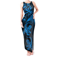 New Zealand Tuatara Tribal Tattoo Tank Maxi Dress Silver Fern and Maori Pattern Blue Color LT03 Women Blue - Polynesian Pride