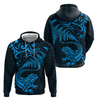 New Zealand Tuatara Tribal Tattoo Zip Hoodie Silver Fern and Maori Pattern Blue Color LT03 - Polynesian Pride