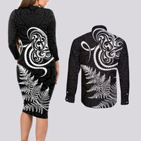 New Zealand Octopus Tattoo and Fern Couples Matching Long Sleeve Bodycon Dress and Long Sleeve Button Shirt Maori Pattern LT03 - Polynesian Pride