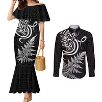 New Zealand Octopus Tattoo and Fern Couples Matching Mermaid Dress and Long Sleeve Button Shirt Maori Pattern LT03 Black - Polynesian Pride