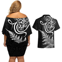 New Zealand Octopus Tattoo and Fern Couples Matching Off Shoulder Short Dress and Hawaiian Shirt Maori Pattern LT03 - Polynesian Pride