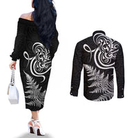 New Zealand Octopus Tattoo and Fern Couples Matching Off The Shoulder Long Sleeve Dress and Long Sleeve Button Shirt Maori Pattern LT03 - Polynesian Pride