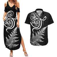 New Zealand Octopus Tattoo and Fern Couples Matching Summer Maxi Dress and Hawaiian Shirt Maori Pattern LT03 Black - Polynesian Pride