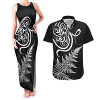 New Zealand Octopus Tattoo and Fern Couples Matching Tank Maxi Dress and Hawaiian Shirt Maori Pattern LT03 Black - Polynesian Pride