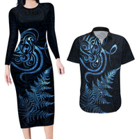 New Zealand Octopus Tattoo and Fern Couples Matching Long Sleeve Bodycon Dress and Hawaiian Shirt Maori Pattern Matariki Style LT03 Blue - Polynesian Pride