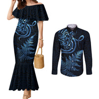 New Zealand Octopus Tattoo and Fern Couples Matching Mermaid Dress and Long Sleeve Button Shirt Maori Pattern Matariki Style LT03 Blue - Polynesian Pride