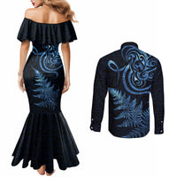 New Zealand Octopus Tattoo and Fern Couples Matching Mermaid Dress and Long Sleeve Button Shirt Maori Pattern Matariki Style LT03 - Polynesian Pride