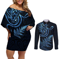 New Zealand Octopus Tattoo and Fern Couples Matching Off Shoulder Short Dress and Long Sleeve Button Shirt Maori Pattern Matariki Style LT03 Blue - Polynesian Pride