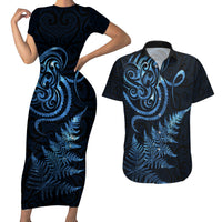 New Zealand Octopus Tattoo and Fern Couples Matching Short Sleeve Bodycon Dress and Hawaiian Shirt Maori Pattern Matariki Style LT03 Blue - Polynesian Pride