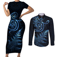 New Zealand Octopus Tattoo and Fern Couples Matching Short Sleeve Bodycon Dress and Long Sleeve Button Shirt Maori Pattern Matariki Style LT03 Blue - Polynesian Pride
