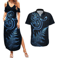 New Zealand Octopus Tattoo and Fern Couples Matching Summer Maxi Dress and Hawaiian Shirt Maori Pattern Matariki Style LT03 Blue - Polynesian Pride